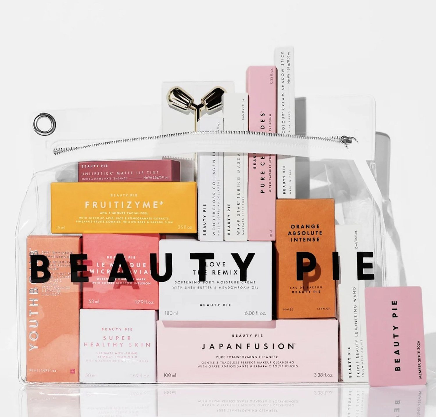 A clear bag filled with Beauty Pie skincare and make-up, the prize draw bundle worth £1,000