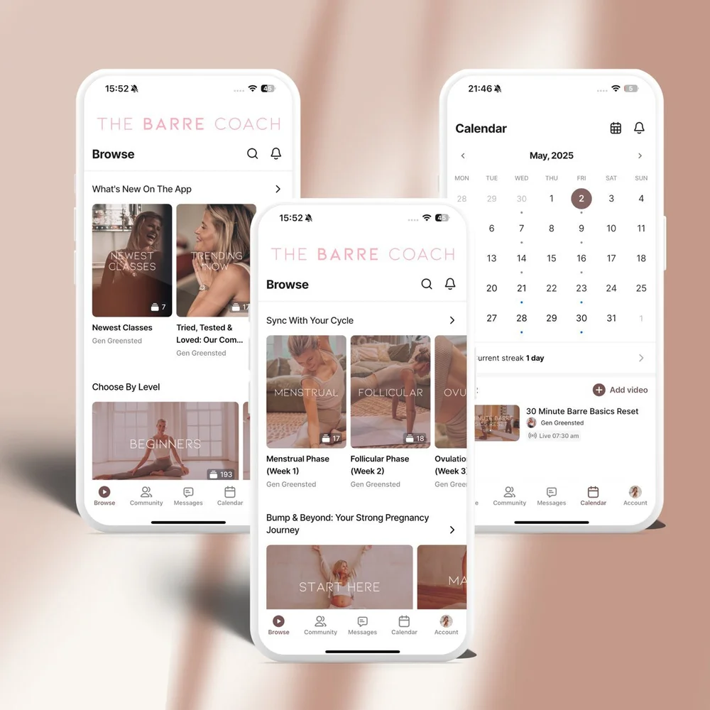 The Barre Coach app on three phones: the class library, cycle syncing programmes and the calendar