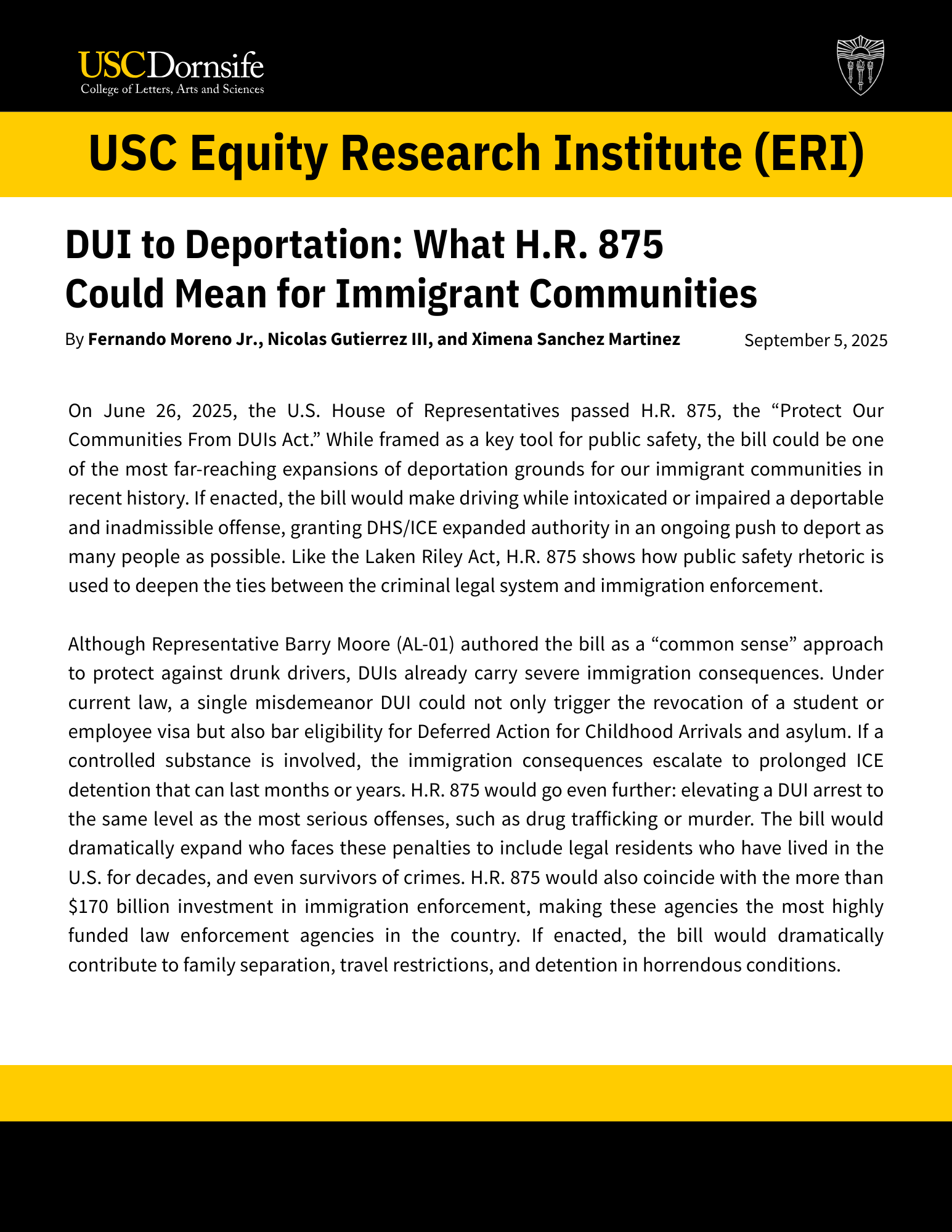 Document titled 'USC Equity Research Institute (ERI): DUI to Deportation: What H.R. 875 Could Mean for Immigrant Communities' dated September 5, 2025, with a black and yellow theme, containing text discussing the implications of H.R. 875 for immigran