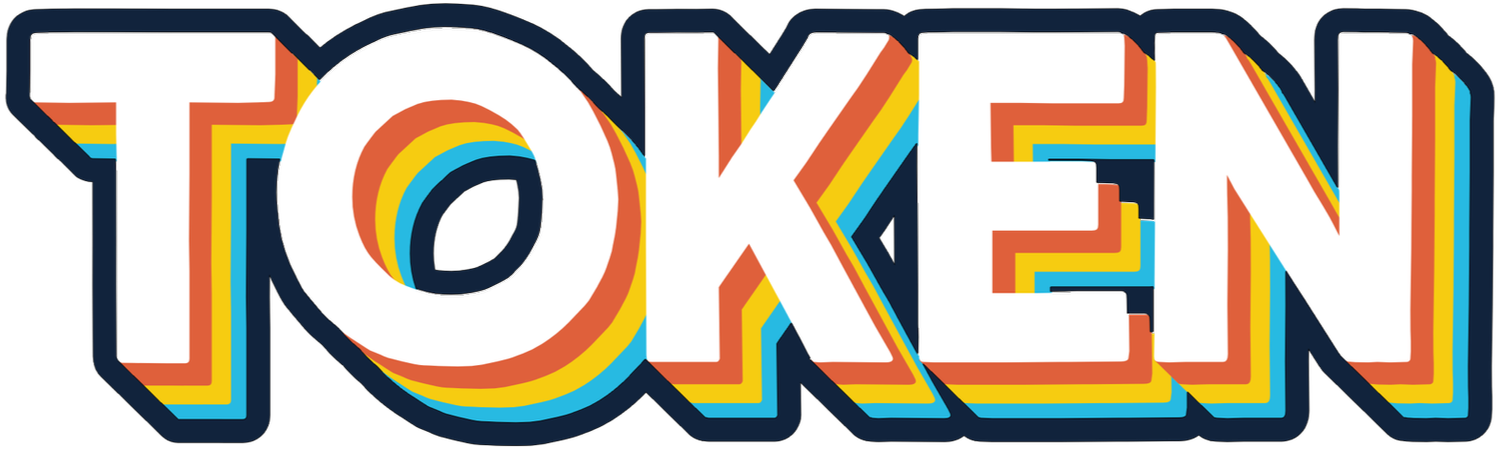 Colorful text logo of the word 'TOKEN' with layered rainbow-colored outlines and a dark shadow background.