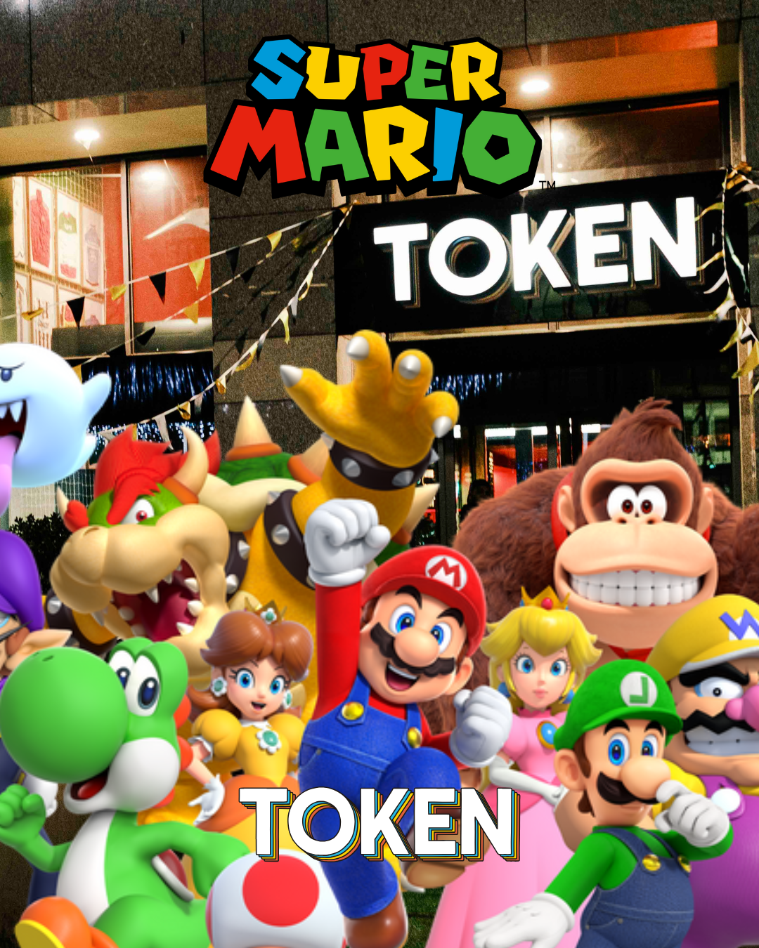 Colorful Super Mario-themed promotional poster for a token event featuring Mario, Luigi, Princess Peach, Bowser, Donkey Kong, Bowser, Yoshi, and Toad characters.