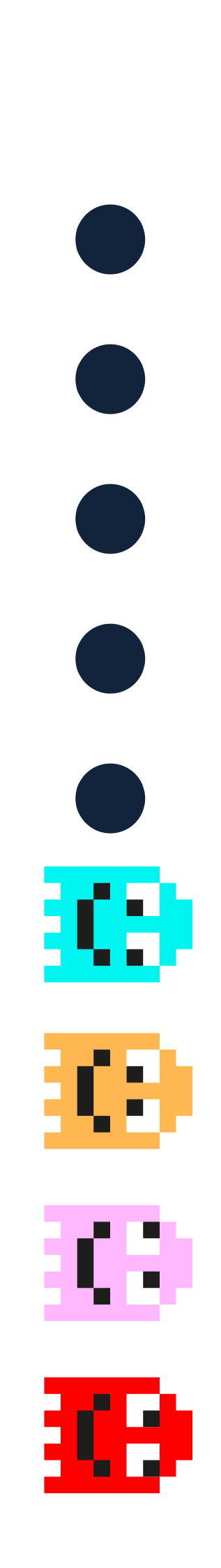 A vertical row of six Pac-Man characters with blue, orange, purple, red, and teal colors, and black background.