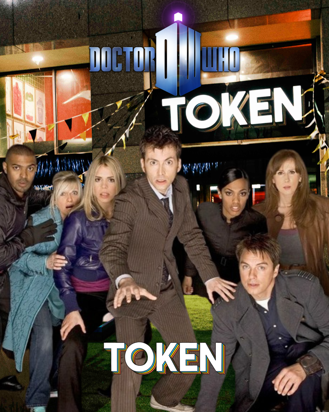 Group of people from the TV show Doctor Who posing in front of a building with a sign that says 'TOKEN' and the Doctor Who logo above.