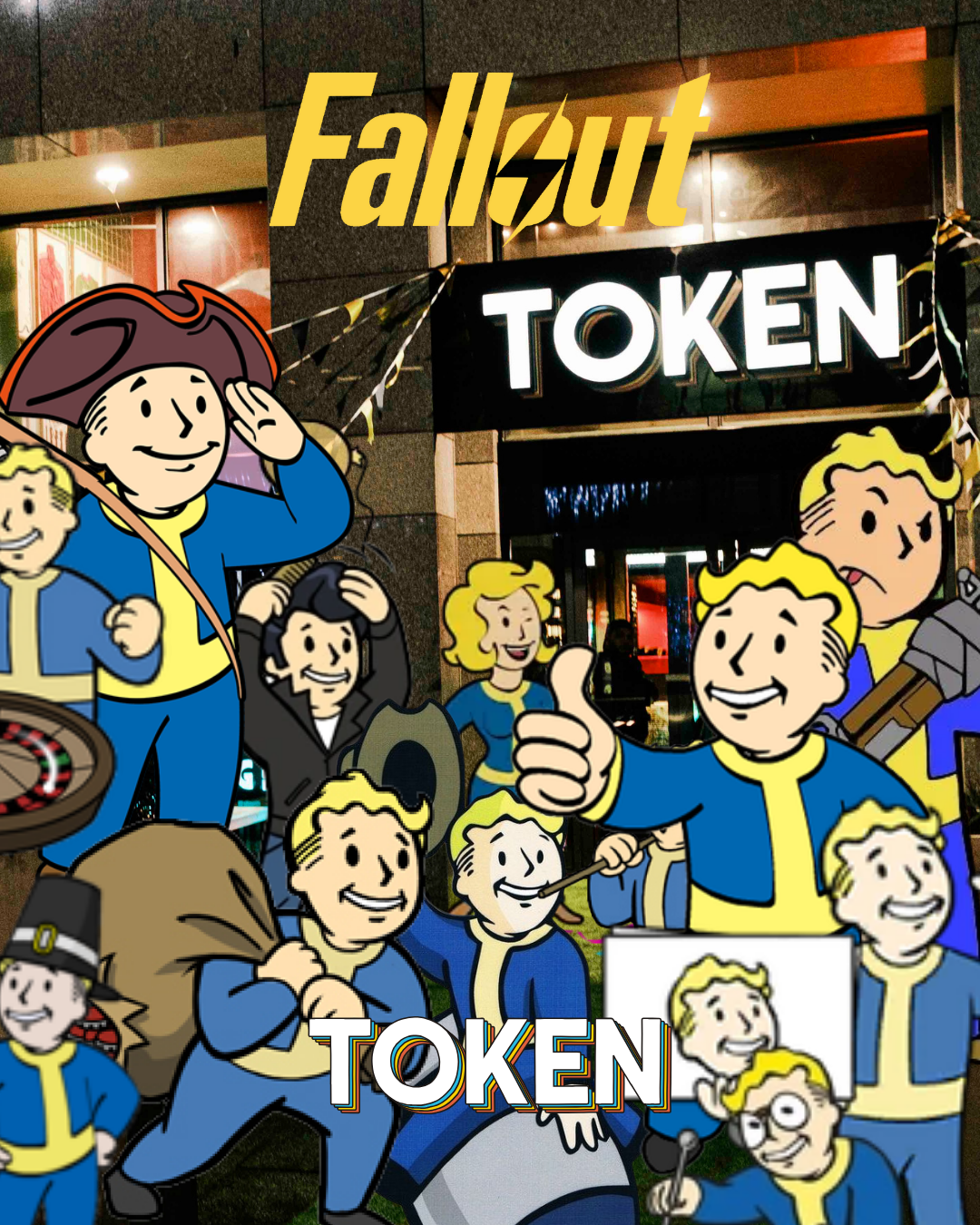 A photo of a Fallout-themed decoration outside a store, featuring cartoon versions of Vault-Tec vault dwellers giving thumbs up and smiling, with a sign that reads 'TOKEN' and the Fallout logo.