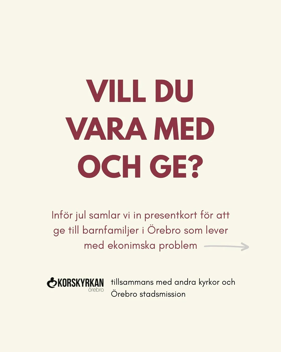 Vill du vara med och ge? 

Inf&ouml;r jul samlar vi tillsammans med andra kyrkor i &Ouml;rebro och stadsmissionen in presentkort som vi f&aring;r dela vidare till barnfamiljer som har det ekonomiskt tufft!

K&ouml;p ett ICA presentkort eller CITY pre