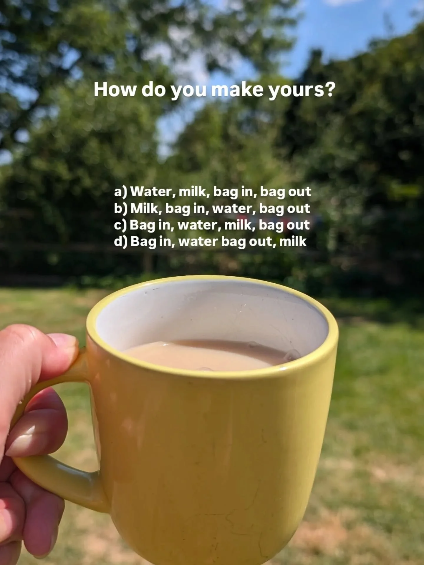 The perfect cuppa, how do you make it?

a) Water, milk, bag in, bag out&nbsp;

b) Milk, bag in, water, bag out&nbsp;

c) Bag in, water, milk, bag out&nbsp;

d) Bag in, water bag out, milk

Let us know! 👇