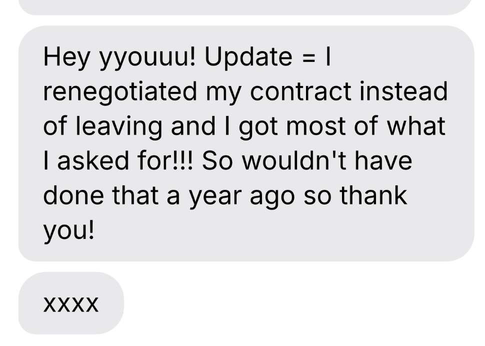 Text message screenshot discussing contract renegotiation and update.