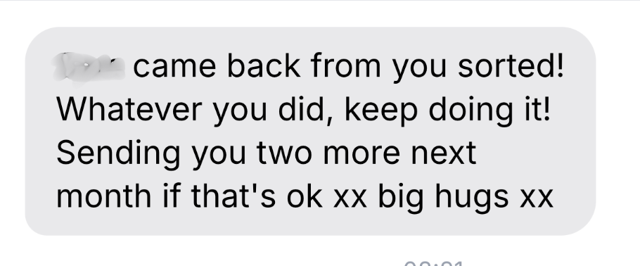 Text message conversation with encouraging message and hugs.