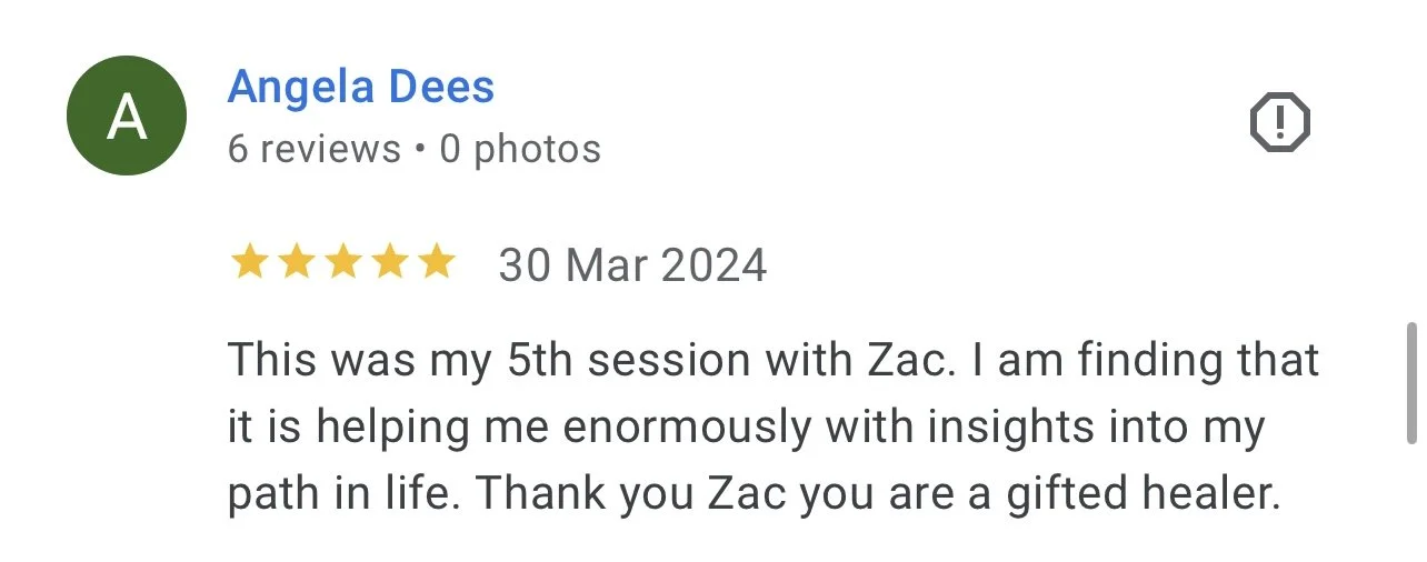 Review comment from Angela Dees dated March 30, 2024, praising Zac for his healing sessions and insights.