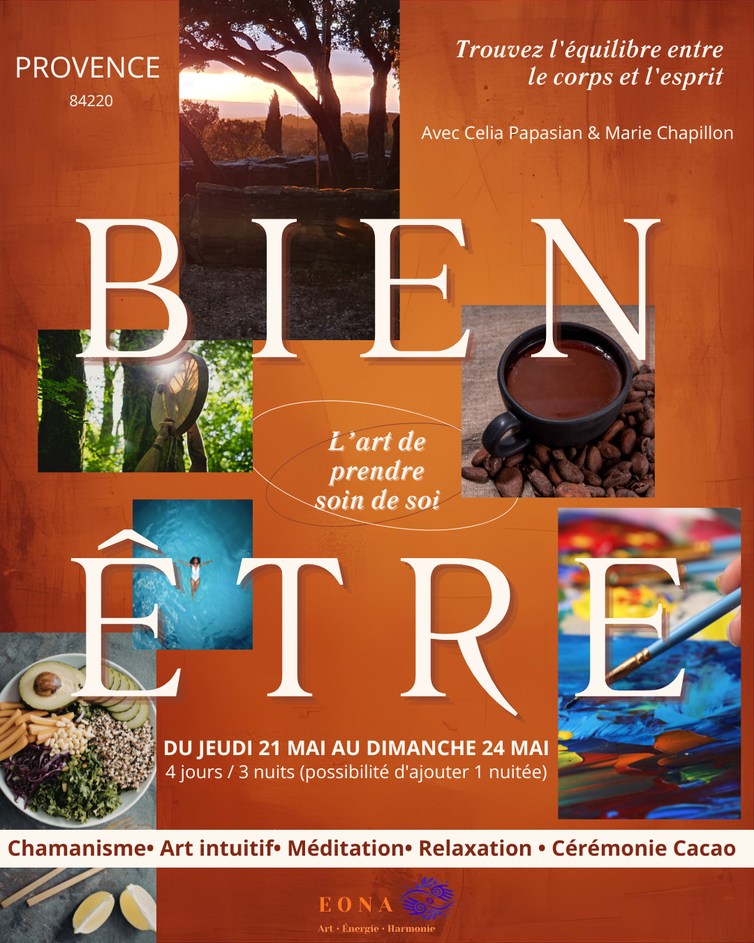 l'art de prendre soin de soi, entre chamanisme et art intuitif, céremonie cacao, médecine des plantes, relaxation . nature,reconnexion à soi au coeur du Lubéron , Mai 2026