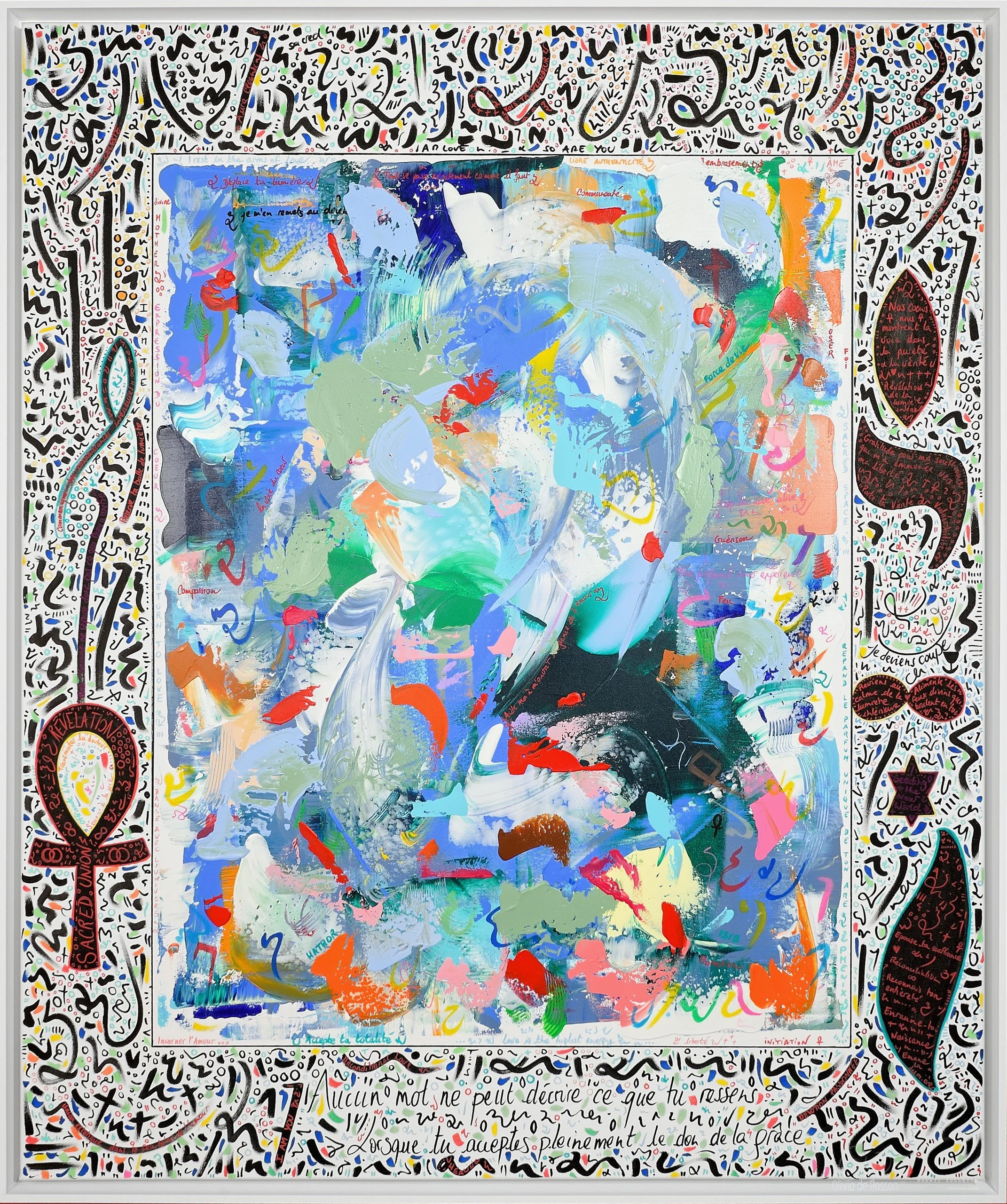 SOLD - La Voie du Coeur, 120x100cm, Acrylic and Pure Energy on canvas, olivia-de-posson-colourful-spiritual-energy-art