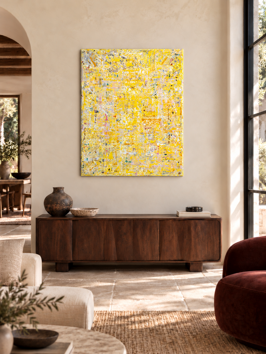 Interior visualisation - Au coeur de tout, le miracle! 120x100cm, 2026 olivia-de-posson-colourful-contemporary-abstract-art