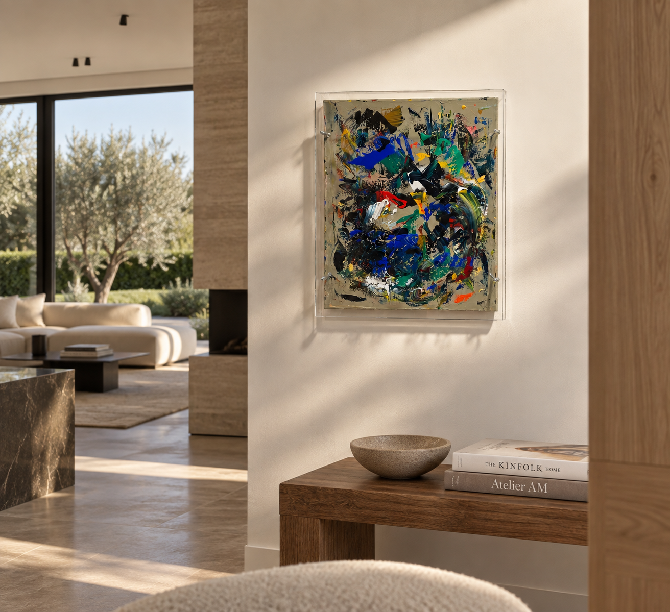Interior visualisation - What wants to emerge, 50x60x10cm, 2026, Knokke-le-Zoute, Belgium, acrylic on Plexi & canvas, Olivia-de-posson-abstract-contemporary-colorful-art