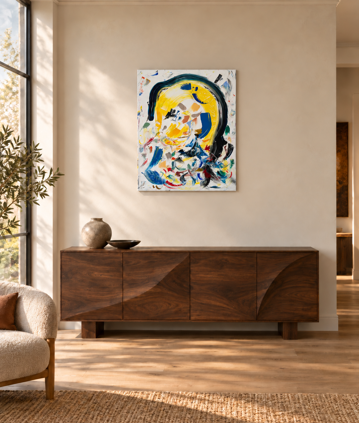 Interior visualisation - I AM YOU (1), 100x80cm, acrylic on canvas, Knokke-le-Zoute, Belgium, 2026 Olivia-de-posson-abstract-contemporary-colorful-art