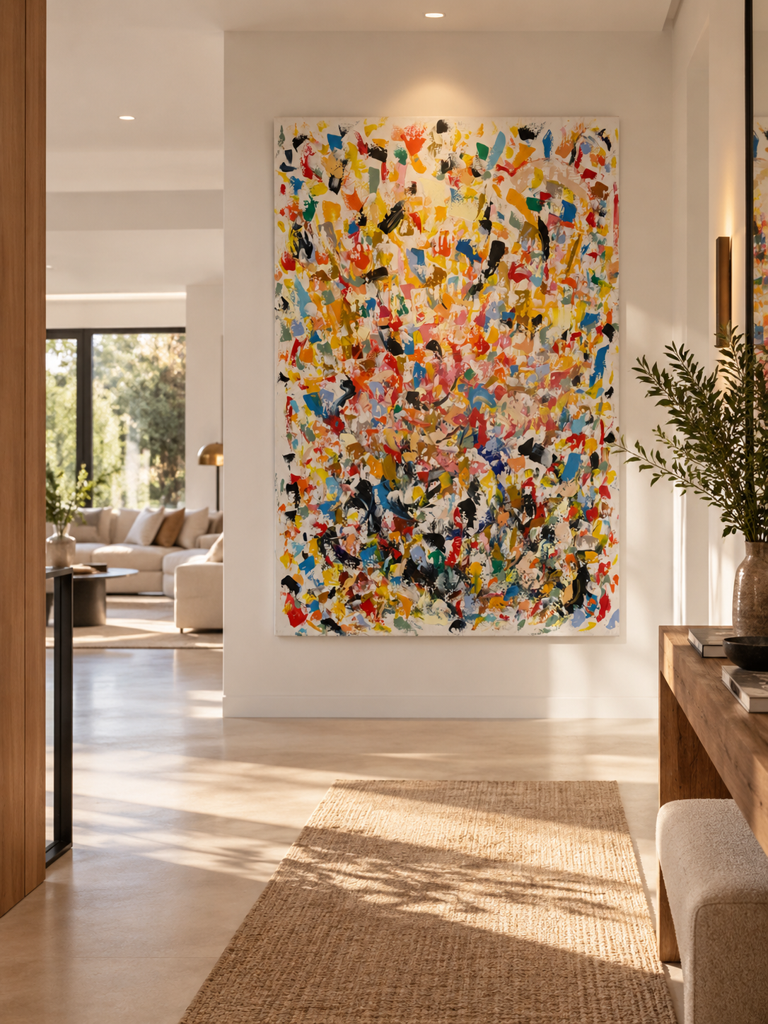 Interior visualisation - Emotional Alchemy, 200x130cm, 2023, Brussels, Belgium, Acrylic & Pure Energy on Canvas, Olivia-de-posson-abstract-contemporary-colorful-art
