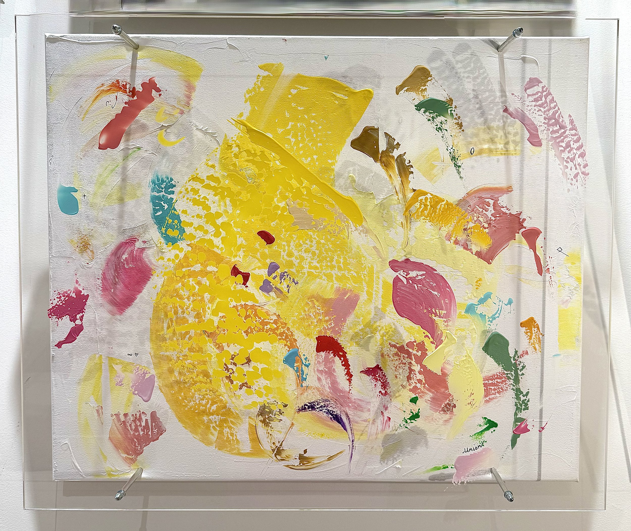 zoom on one piece of the series: The transformative grace of the heart, polyptych, 50x60x10cm each, Acrylic and Pure Energy on Canvas and Plexi, olivia-de-posson-colourful-spiritual-energy-art