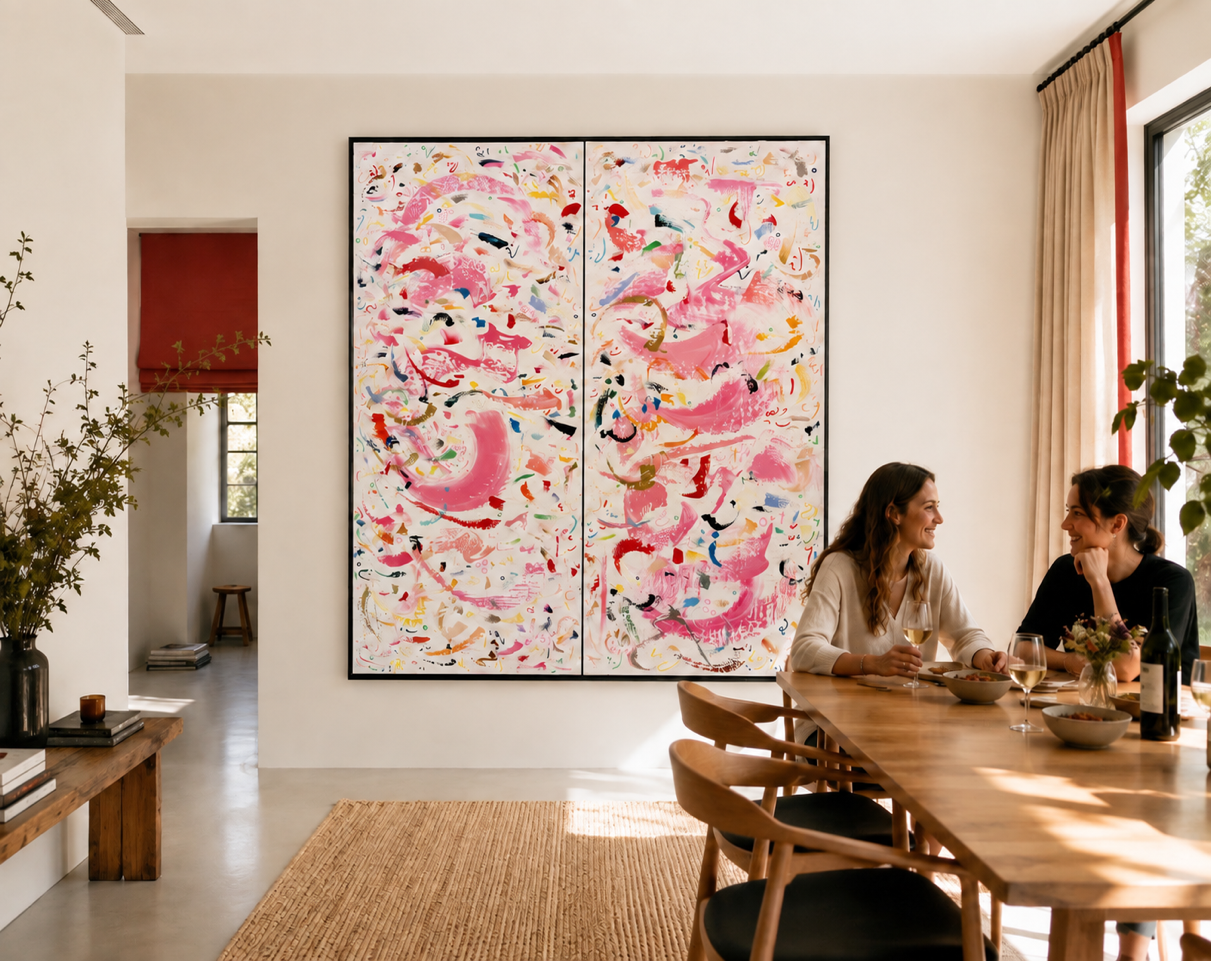 Interior visualisation - Return to Love, 200x160cm (diptych), 2025, Brussels, Belgium, acrylic on canvas, Olivia-de-posson-abstract-contemporary-colorful-art