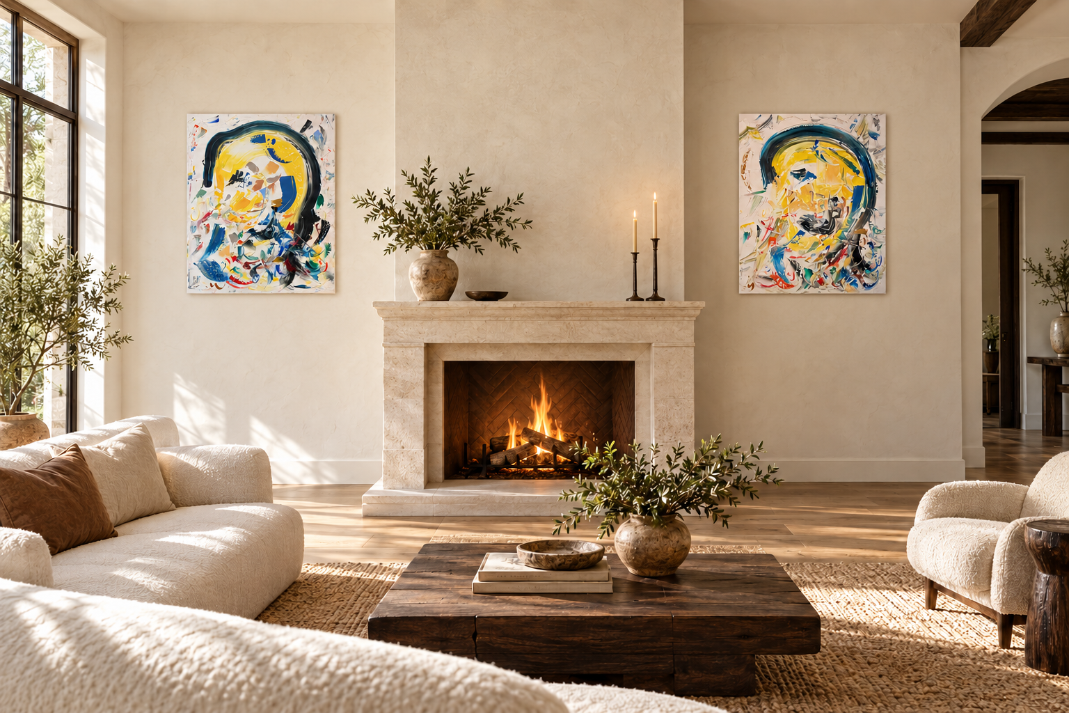 Interior visualisation - I AM YOU (together-pair), 100x80cm each, acrylic on canvas, Knokke-le-Zoute, Belgium, 2026 Olivia-de-posson-abstract-contemporary-colorful-art