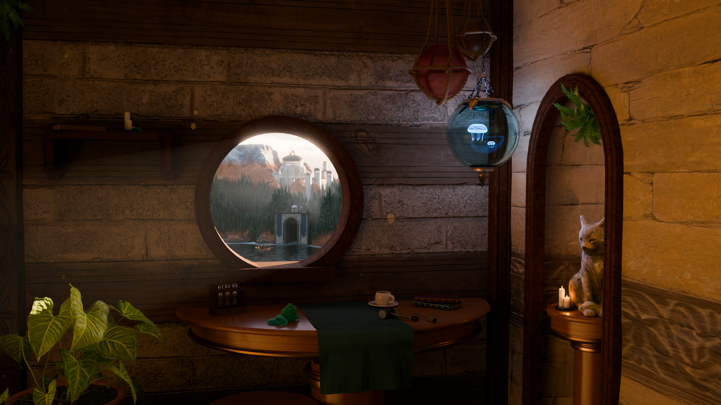 An artificer's workbench with a view of a towering cityscape.  Created in Blender - Cycles.  Responsible for all aspects.