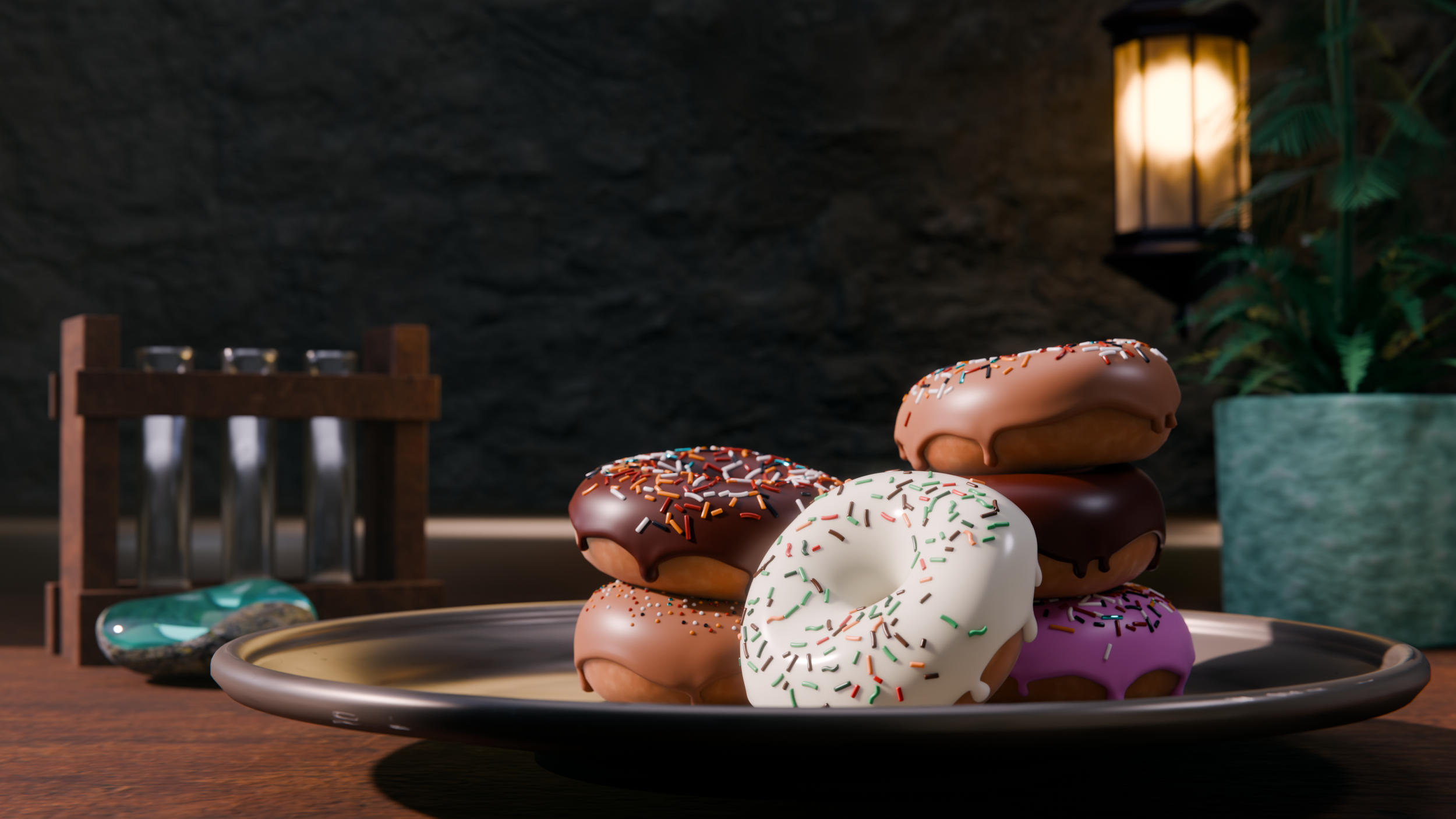 A multitude of donuts rest on a plate.
 Created in Blender - Cycles.  Responsible for all aspects.