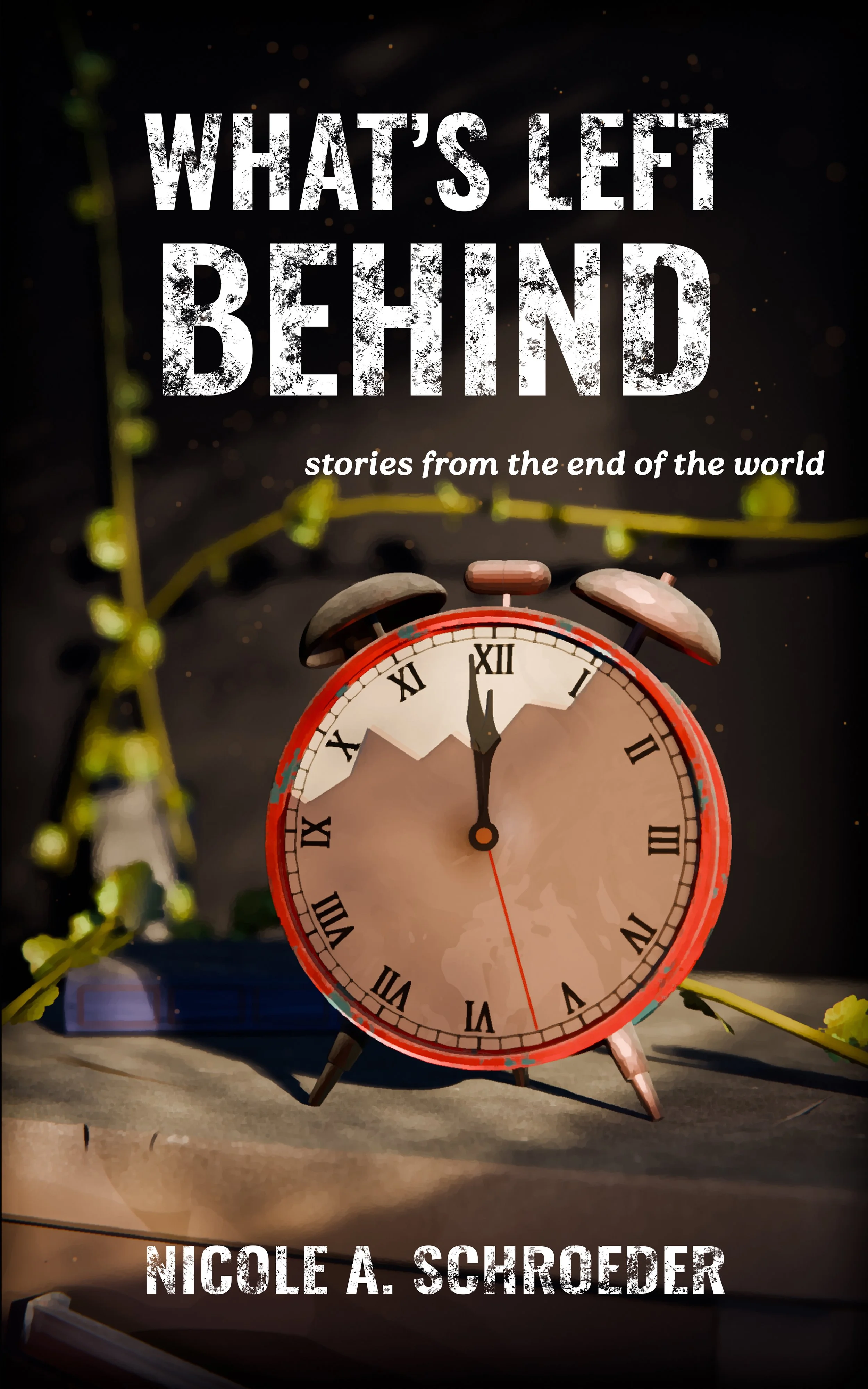 Cover for the    Anthology book    'What's Left Behind', featuring a broken alarm clock in an abandoned home. 
 Created in Blender - Cycles.  Responsible for Cover Art.