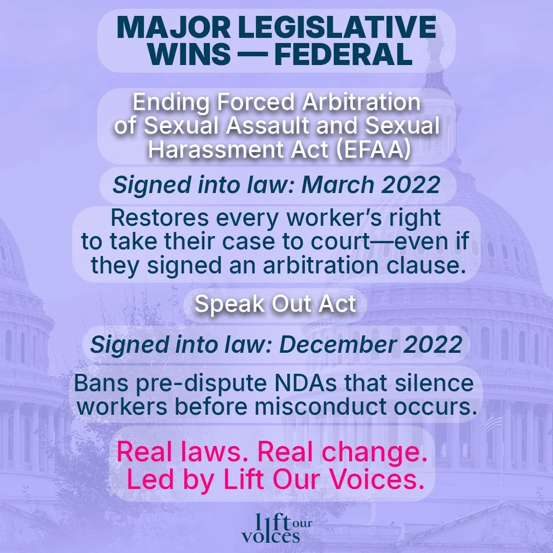 Do you know? Because of Lift Our Voices, TWO landmark laws now protect millions of workers:
⚖️ The Ending Forced Arbitration Act — ending secret proceedings for assault and harassment .
🗣️ The Speak Out Act — banning NDAs that silence s