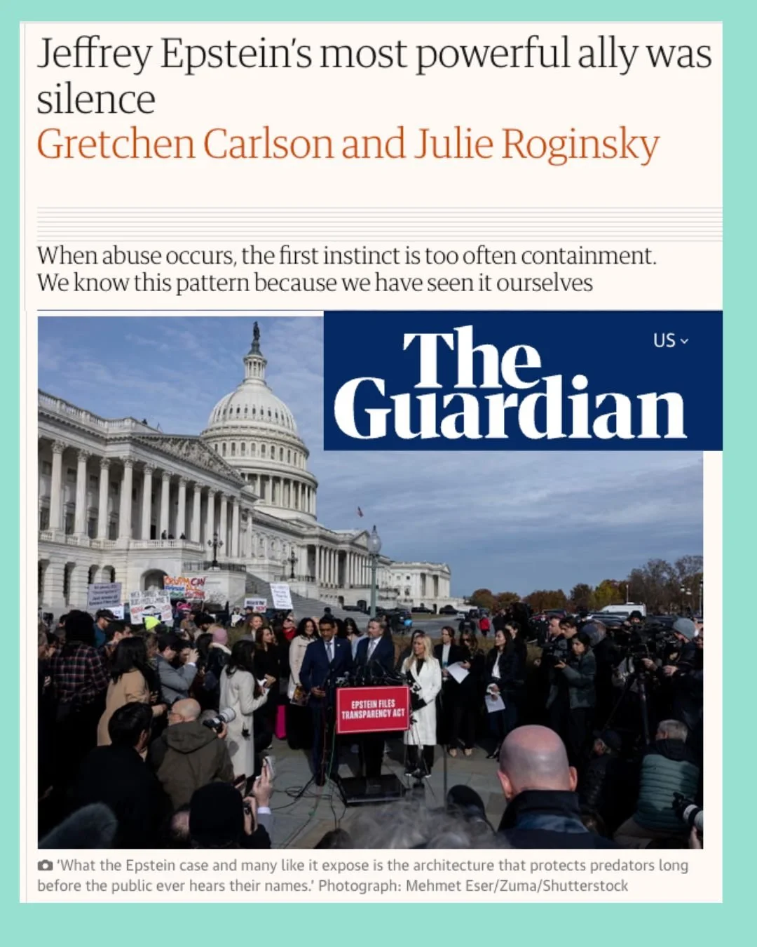 Jefferey #epstein thrived because institutions chose secrecy over accountability. That system still exists. Our co-founders @gretchencarlson  and @julieroginsky explain why confronting silence is the only path to justice. Their @guardian  op-ed is a 