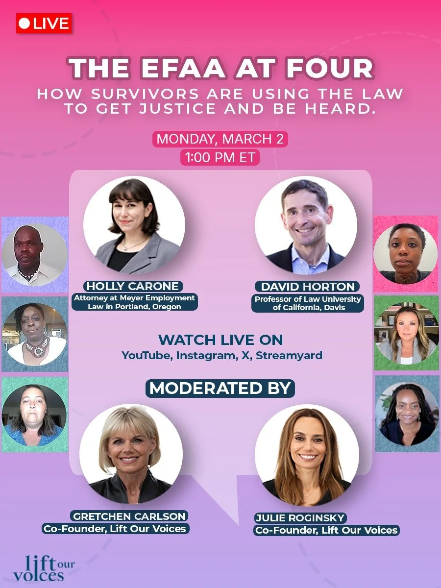 THE EFAA AT FOUR: How Survivors Are Using the Law to Get Justice and Be Heard

Four years ago, the silence broke, with the passage of the bill we championed &mdash; the Ending Forced Arbitration of Sexual Assault and Sexual Harassment Act. The law ha