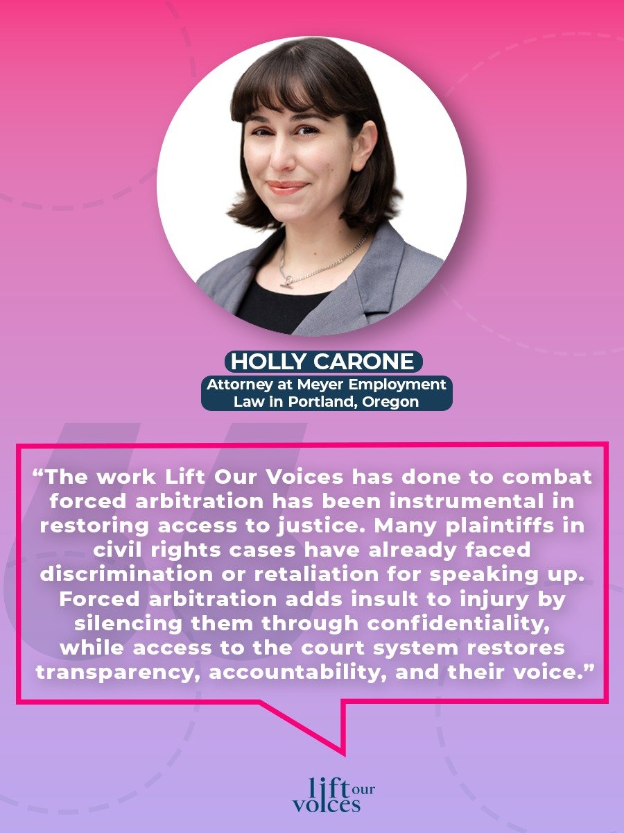 Attorney Holly Carone has seen firsthand how the Ending Forced Arbitration of Sexual Assault and Sexual Harassment Act gives her clients their voices back and the ability to truly seek justice after facing sexual misconduct at work.

Join us as she b