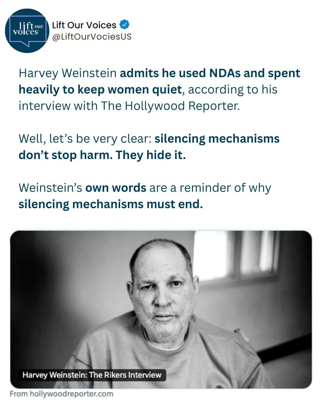 Silencing mechanisms MUST end.

Full story via @hollywoodreporter https://www.hollywoodreporter.com/movies/movie-features/harvey-weinstein-prison-interview-rikers-exclusive-1236523824/