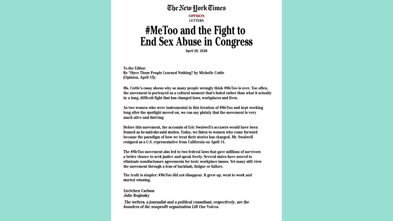 New York Times Letters: #MeToo and the Fight to End Sex Abuse in Congress