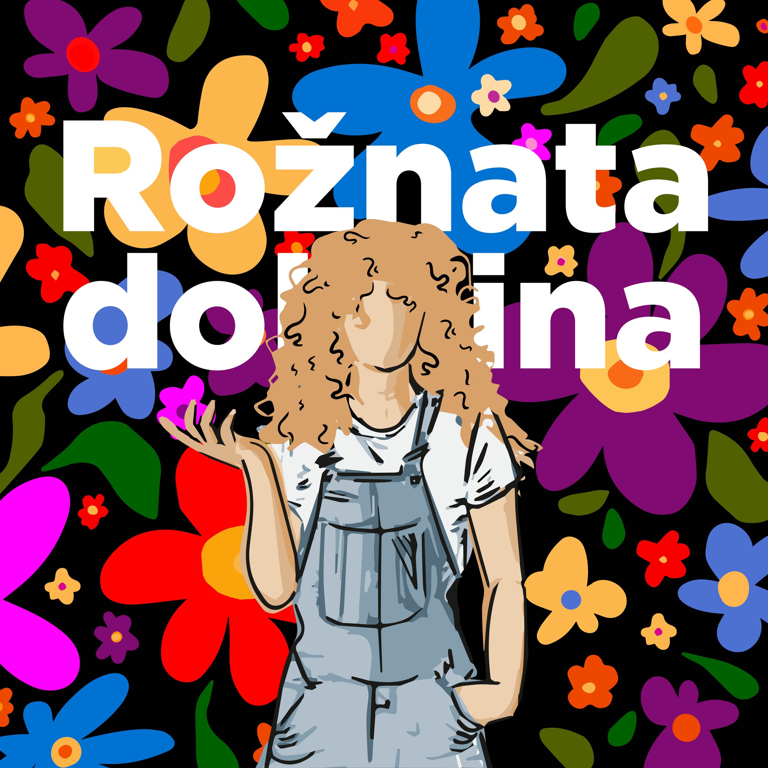 A cartoon-style drawing of a young girl with curly hair holding her hand up to her face, surrounded by colorful flowers on a black background. The word 'Rózňátka' is written across the image.