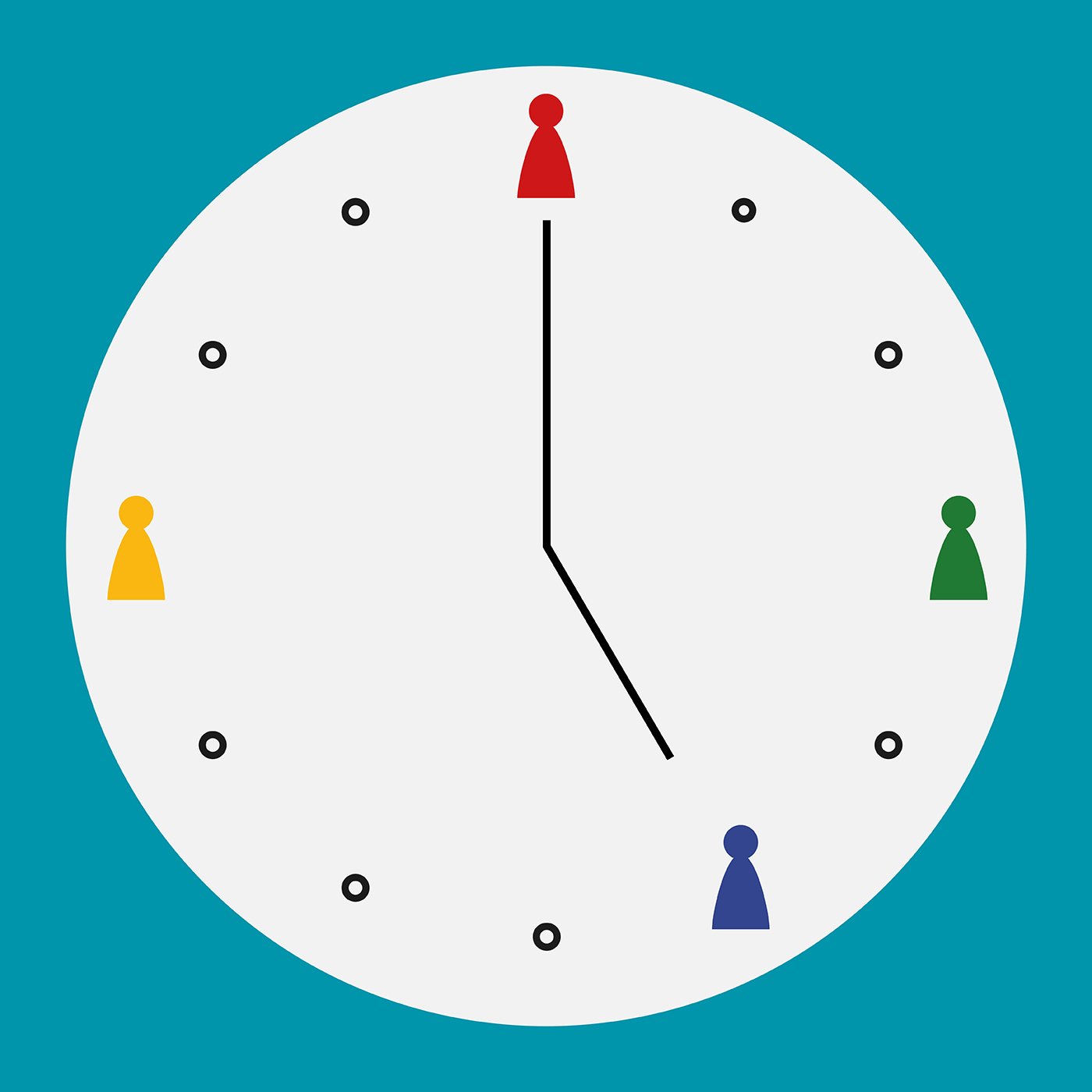 Clock showing almost 5:00, with colored markers representing people at the 7, 9, 11, 1, and 3 positions.