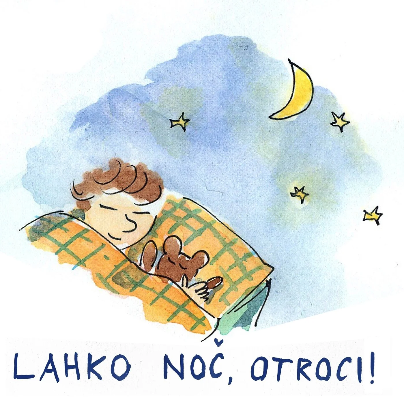 A watercolor illustration of a child sleeping peacefully with a teddy bear, under a night sky with a crescent moon and stars. Below the child, there is a message in Serbian that reads 'Lakho Noć, Otroci!', which means 'Good Night, Children!' in English.