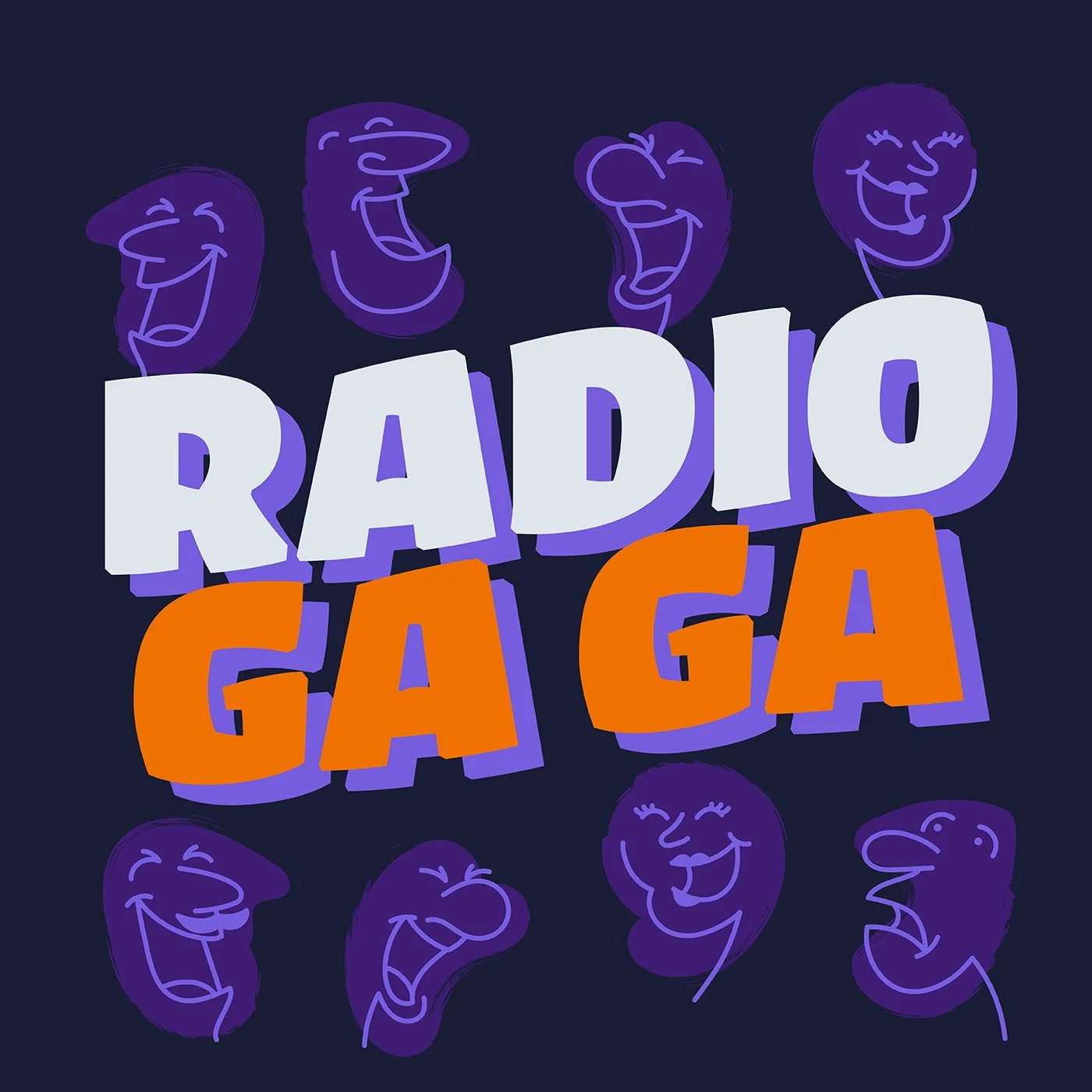 Brightly colored retro style text reading "Radio GAGA" with animated laughing and smiling face outlines in purple and orange against a dark background.