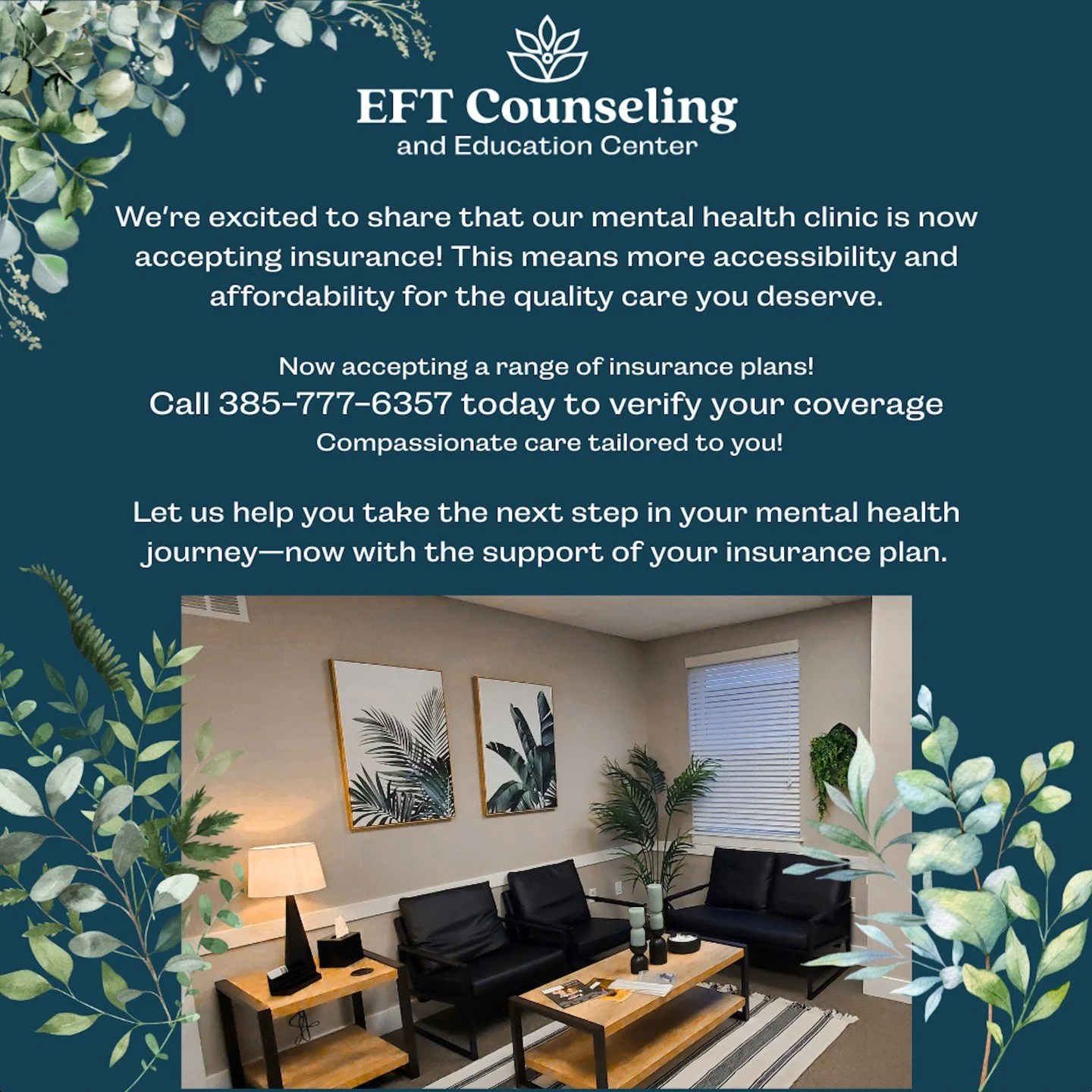 Finally! We are paneled with Select Health and PEHP and are awaiting credentialing with BCBS and EMI. We have incredibly skilled therapists each proficient in the model of Emotionally Focused Therapy (EFT). Call 385-777-6357 today!