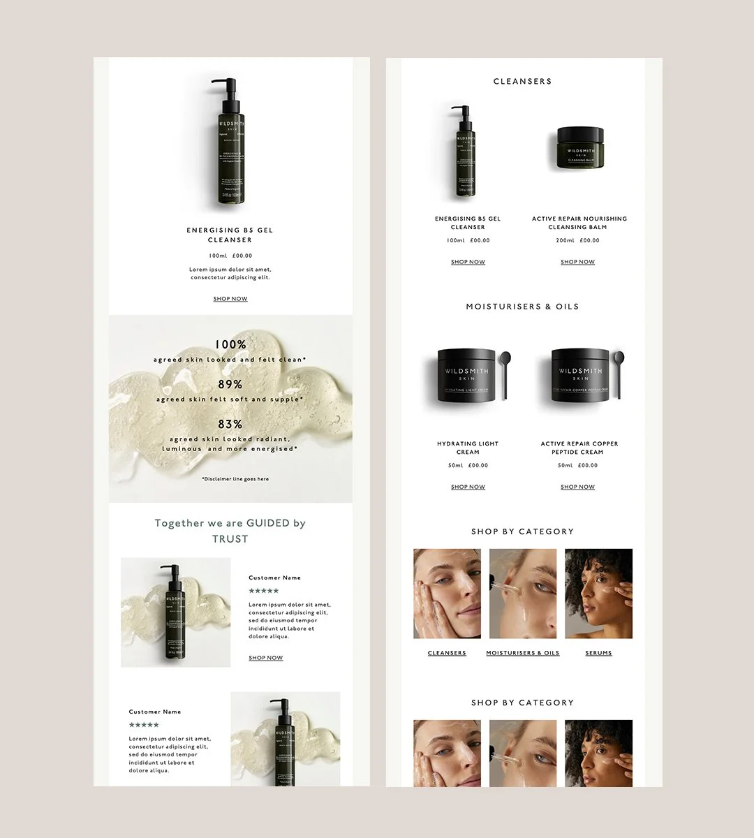 Luxury skincare ecommerce email design for Wildsmith Skin