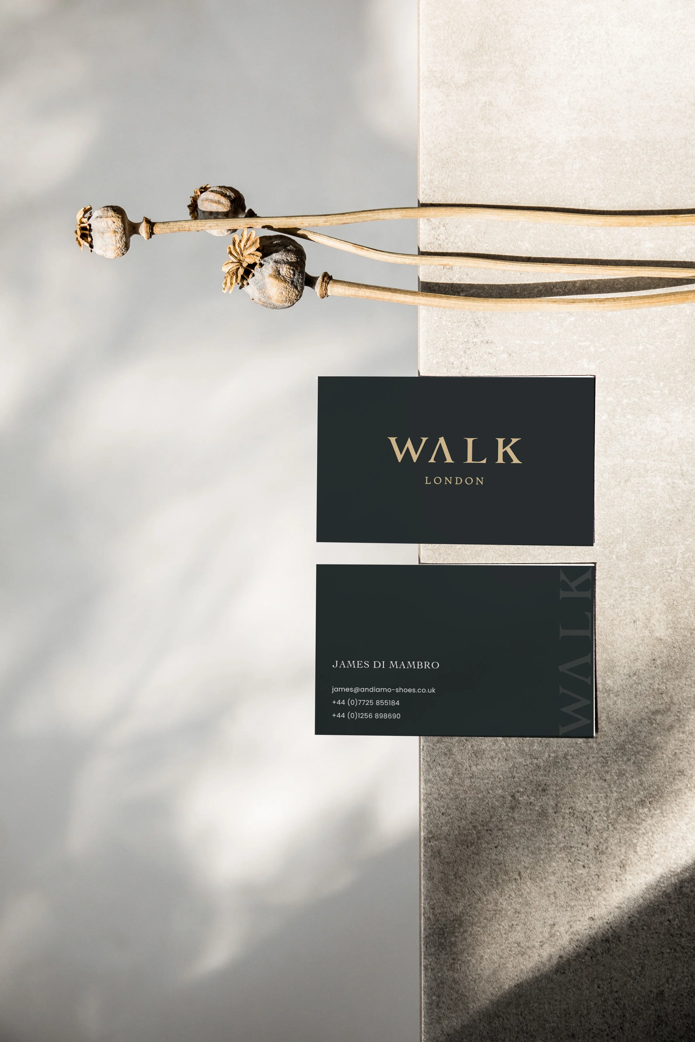 WALK London footwear business card showing new premium brand identity