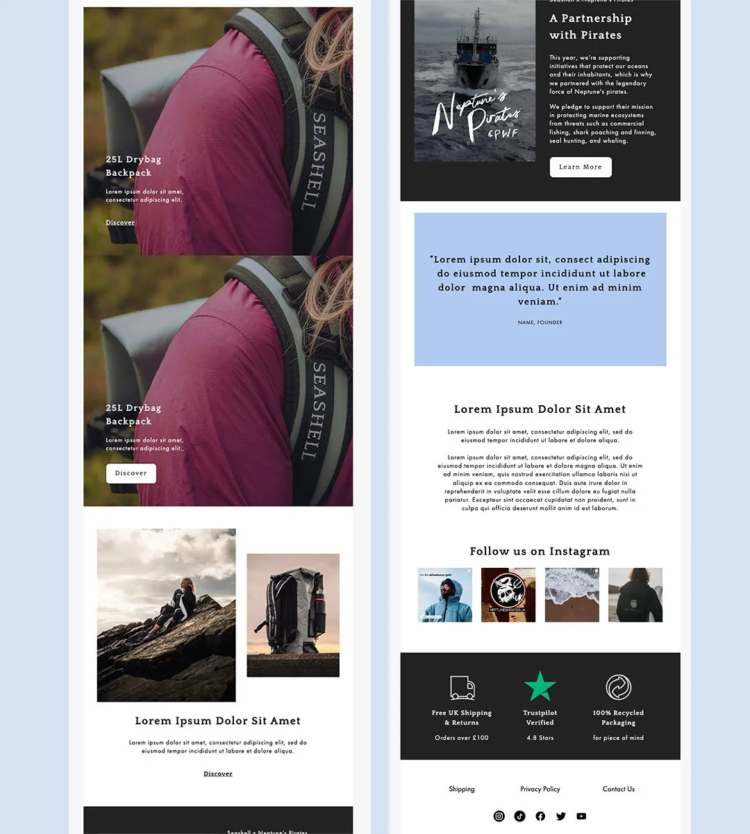 Responsive Klaviyo email design for adventure lifestyle brand Seashell