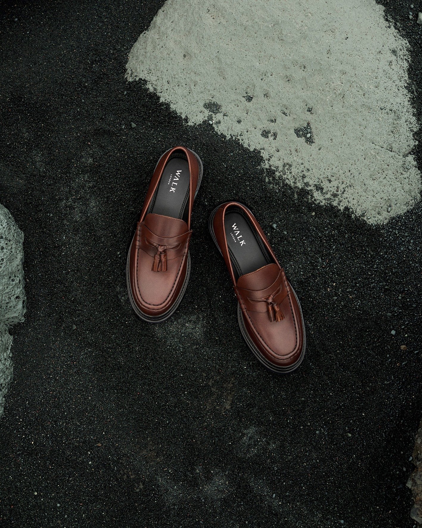 Brown WALK London loafers with redesigned WALK logo on insoles