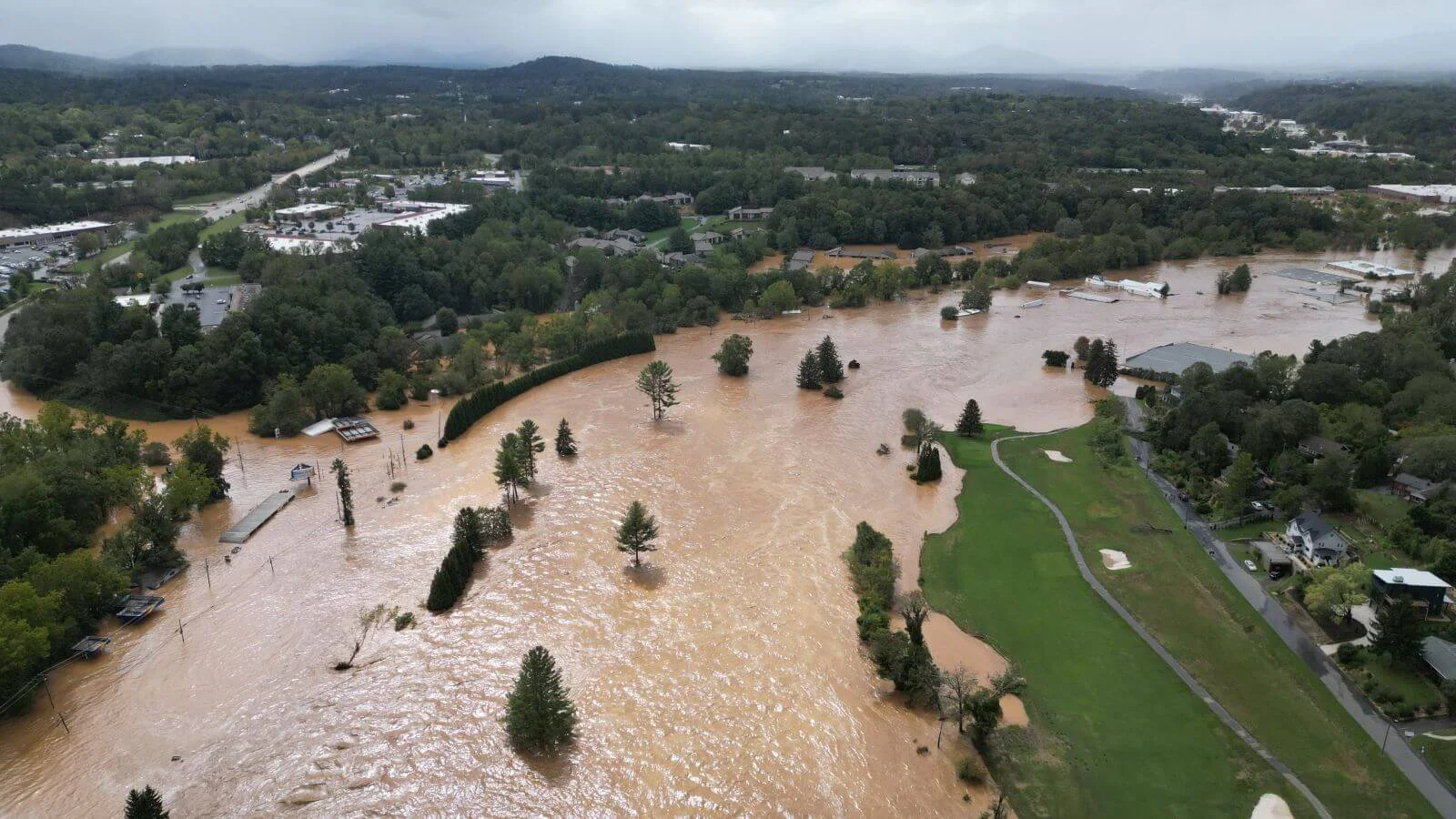 photo of hurricane helene flooding asheville muni golf course