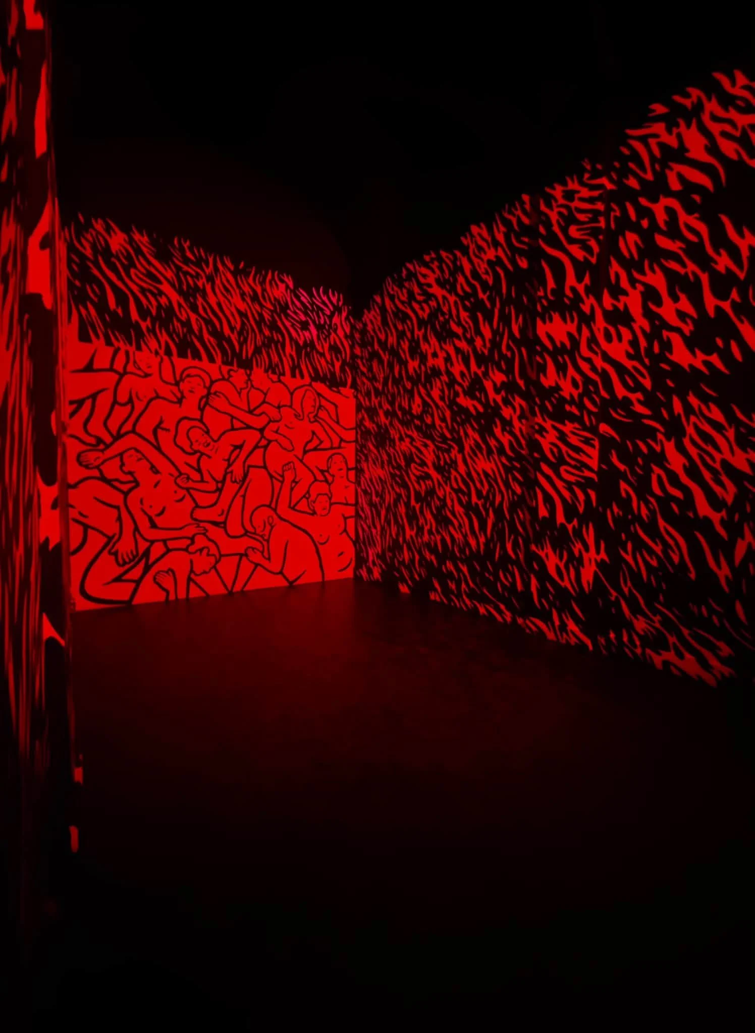 MP5’s REDROOM, a black-and-red site-specific installation exploring bodies, identities and freedom at the Museum of the Cities of the World in Palermo.