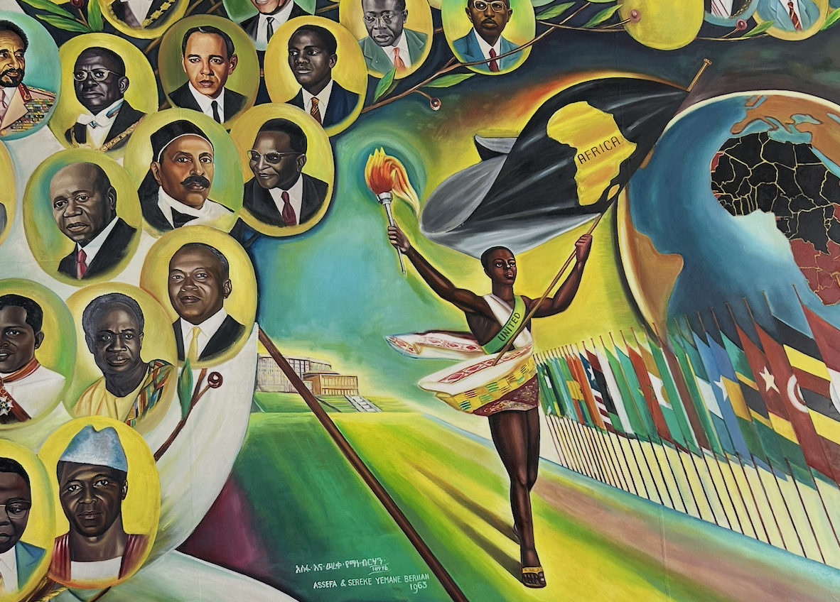 Detail of the Africa Hall mural in Addis Ababa, depicting African leaders and the continent’s journey towards unity and liberation.