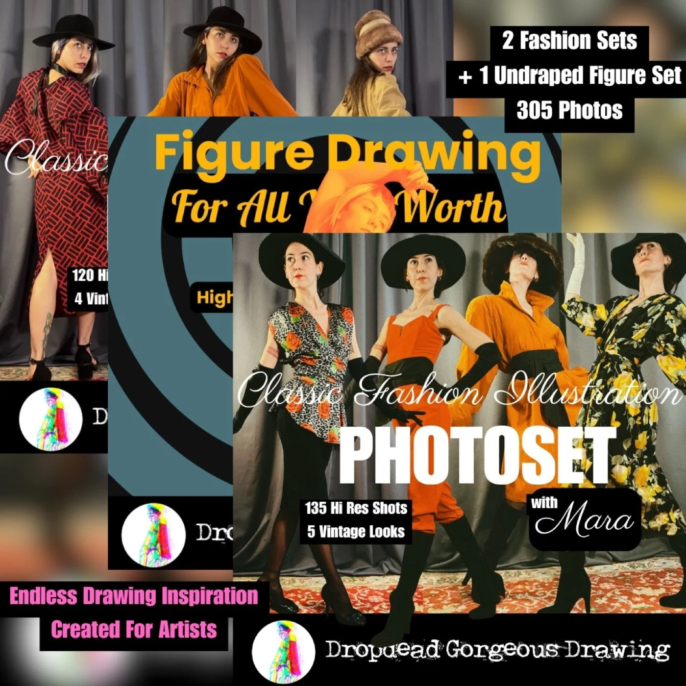 Classic Fashion & Form bundle: three fashion and figure drawing photosets with Mara and Trinidad, containing 305 reference images.