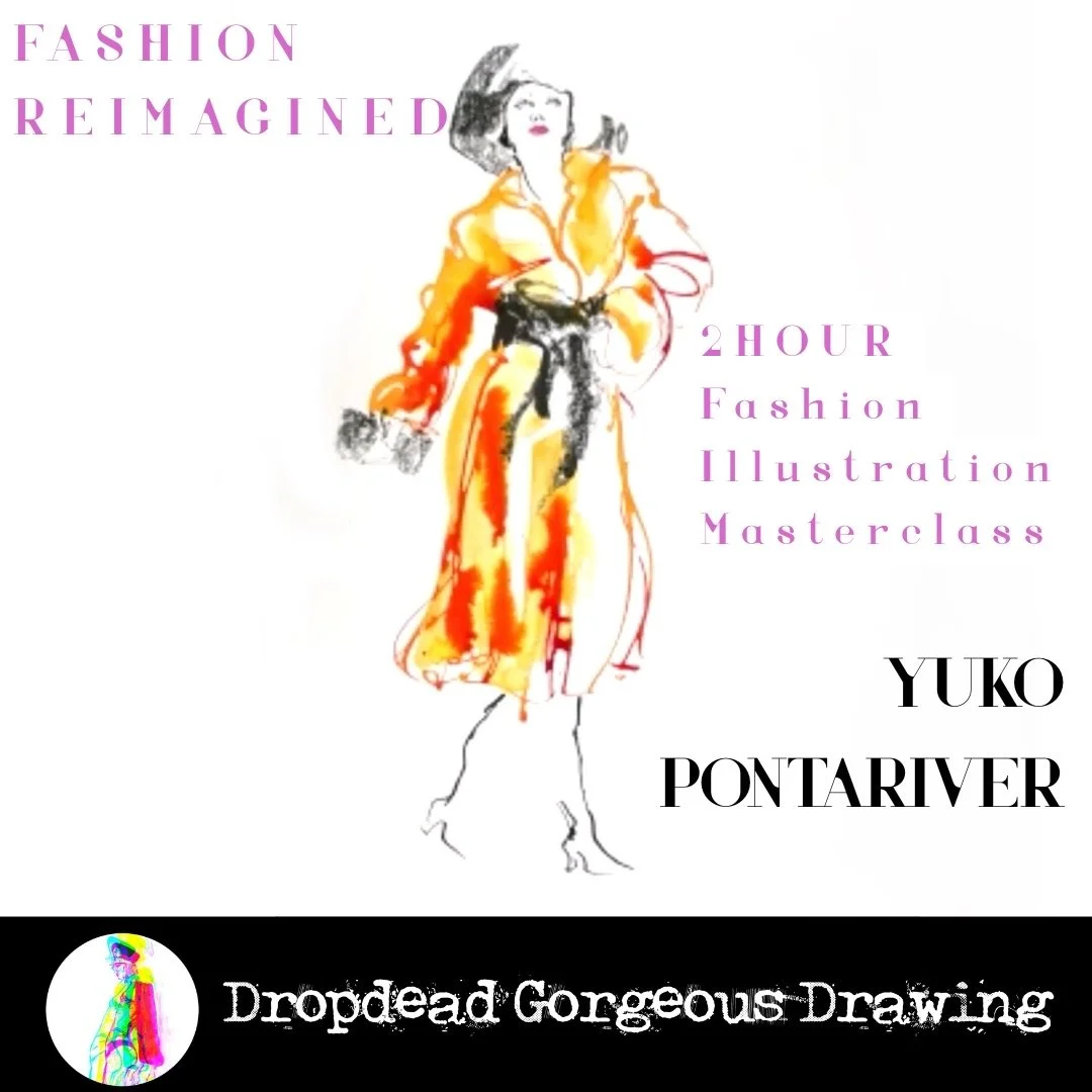 Fashion Reimagined with Yuko Pontariver: expressive fashion figure in an orange and yellow coat on the fashion illustration masterclass cover.