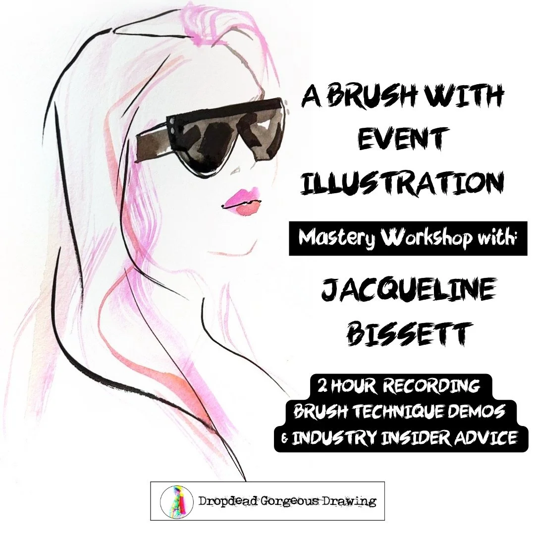 A Brush With Event Illustration replay with Jacqueline Bissett: pink-haired fashion portrait in sunglasses and brush technique workshop details.