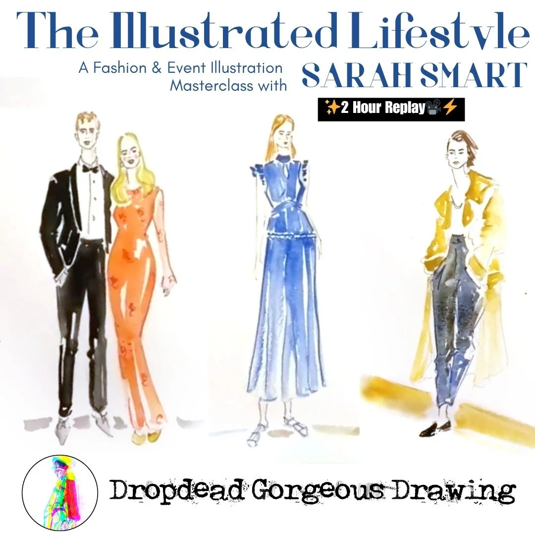 The Illustrated Lifestyle with Sarah Smart: four fashion figures in black, orange, blue and yellow on the two-hour fashion and event illustration replay cover.