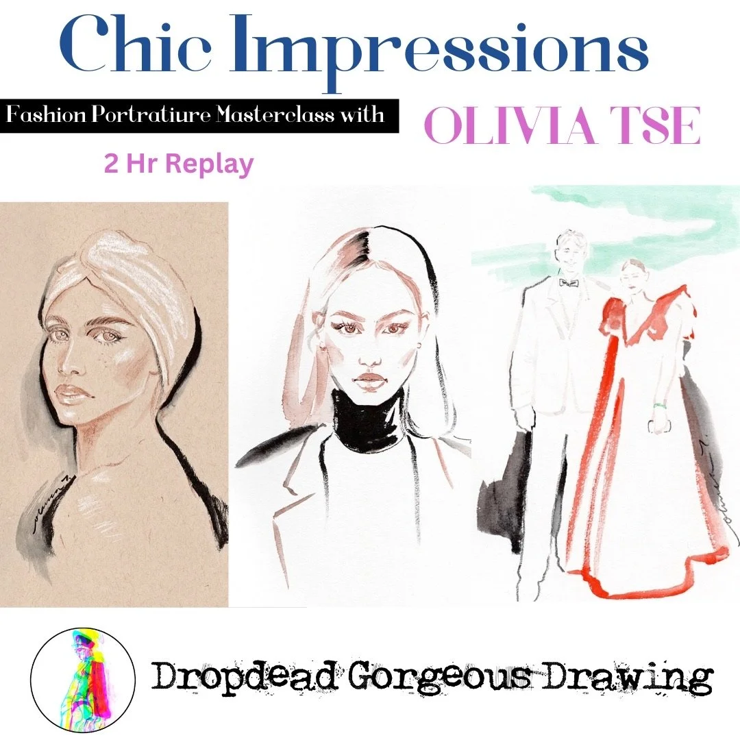 Chic Impressions with Olivia Tse: two expressive fashion portraits and an illustrated couple on the two-hour fashion portraiture replay cover.
