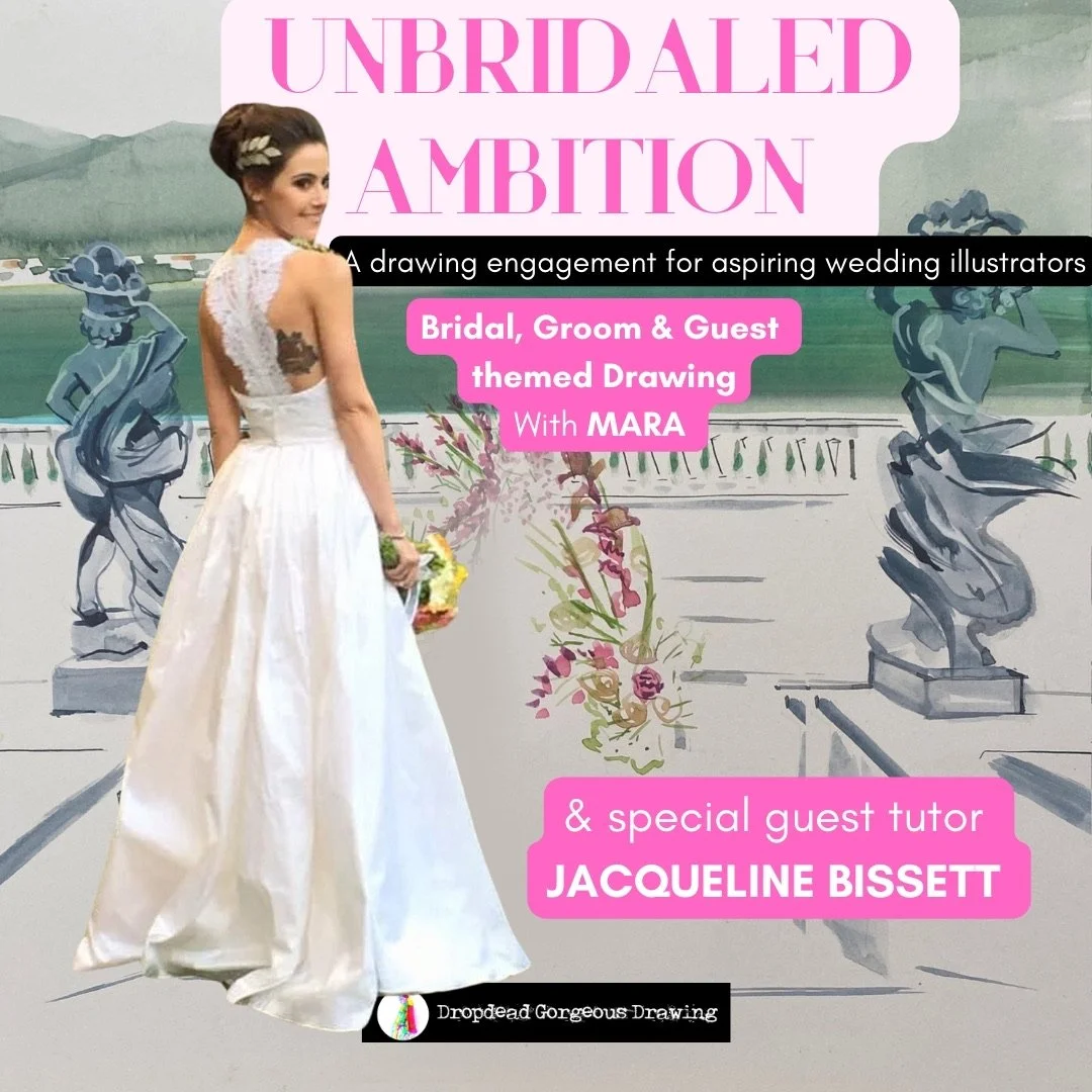 Unbridaled Ambition wedding illustration masterclass with Jacqueline Bissett and model Mara in a white bridal gown.