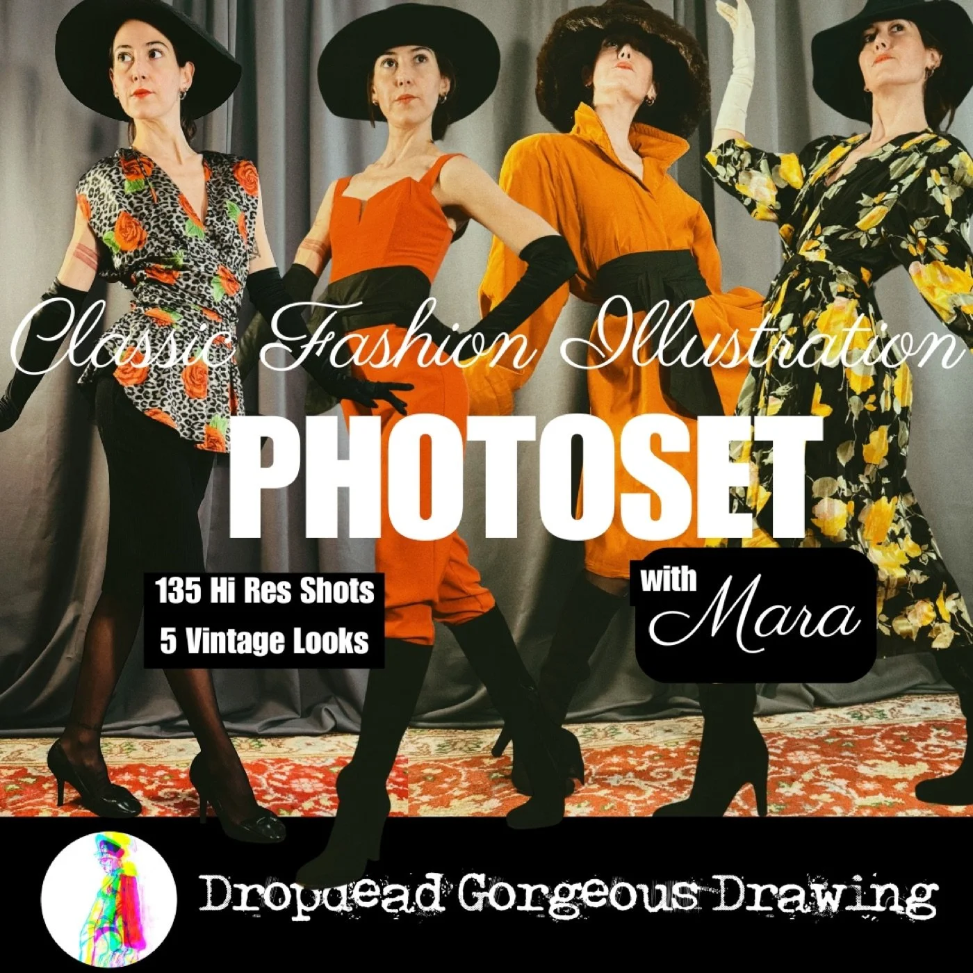 Classic fashion illustration photoset with model Mara, featuring 135 reference photographs in five vintage-inspired looks.